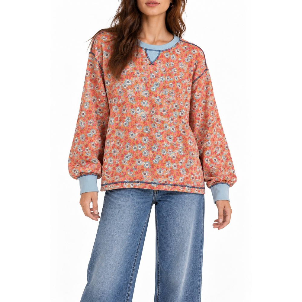 Natural Life Floral Waffle Knit Sweatshirt Large Pullover Daisy Print Dopamine
